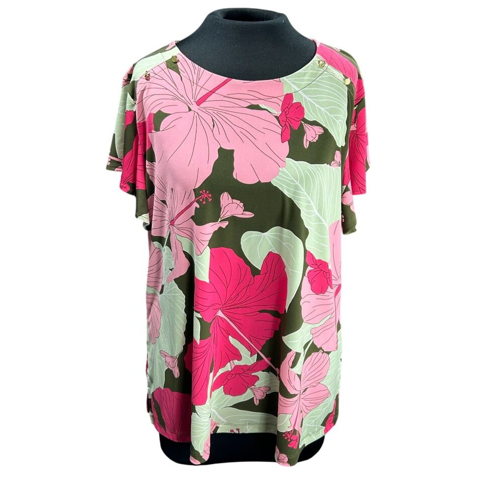 Liz Claiborne Womens XL Pink & Green Floral Print Top Short Sleeves Keyhole Back - Picture 1 of 11